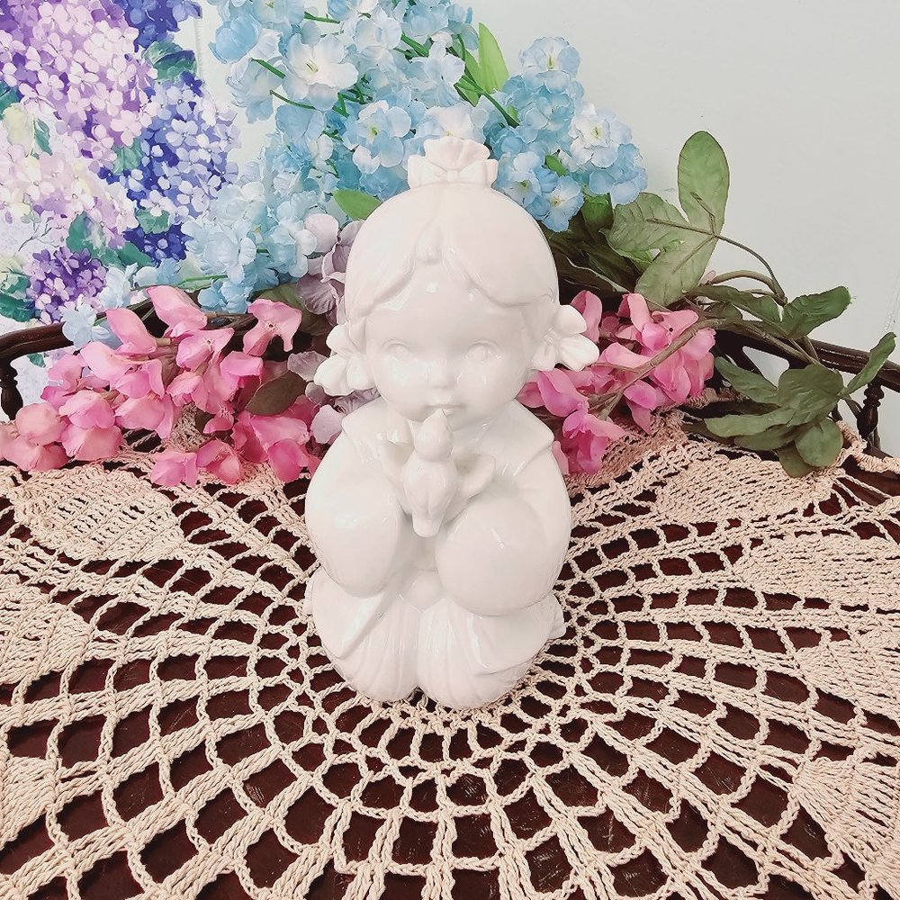 Vintage White Porcelain Little Girl with Bird Figurine, c. 1950s-60s